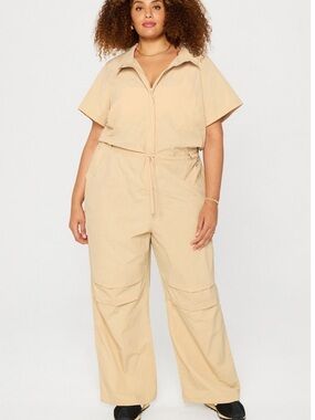 Fabletics Beige Short-Sleeve Utility Jumpsuit